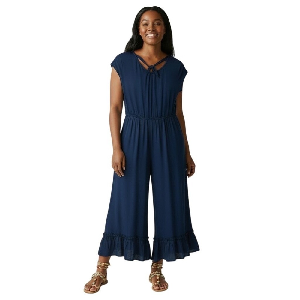Joyfolie Canyon Jumpsuit‎ 14 Deep Sea Blue Boho Cottagecore Casual Ruffle Lace